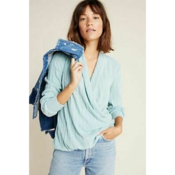 Anthropologie Maeve Rafela Hacci Surplice Sweater Top in Mint - Picture 1 of 5